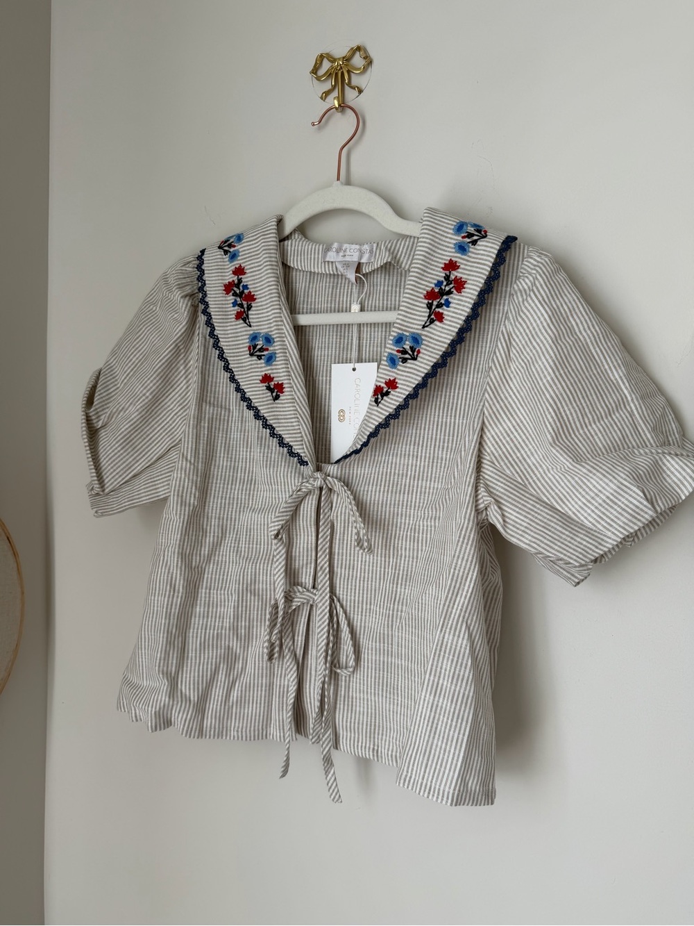 Caroline Constas Cream tan Striped floral trim cotton Sailor collar tie Blouse